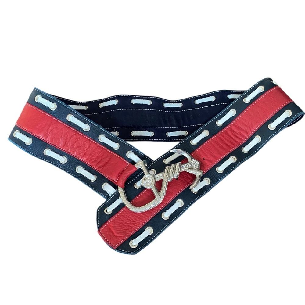 Leatherock Nautical Leather Boat Anchor Belt size large Wide Red White Blue